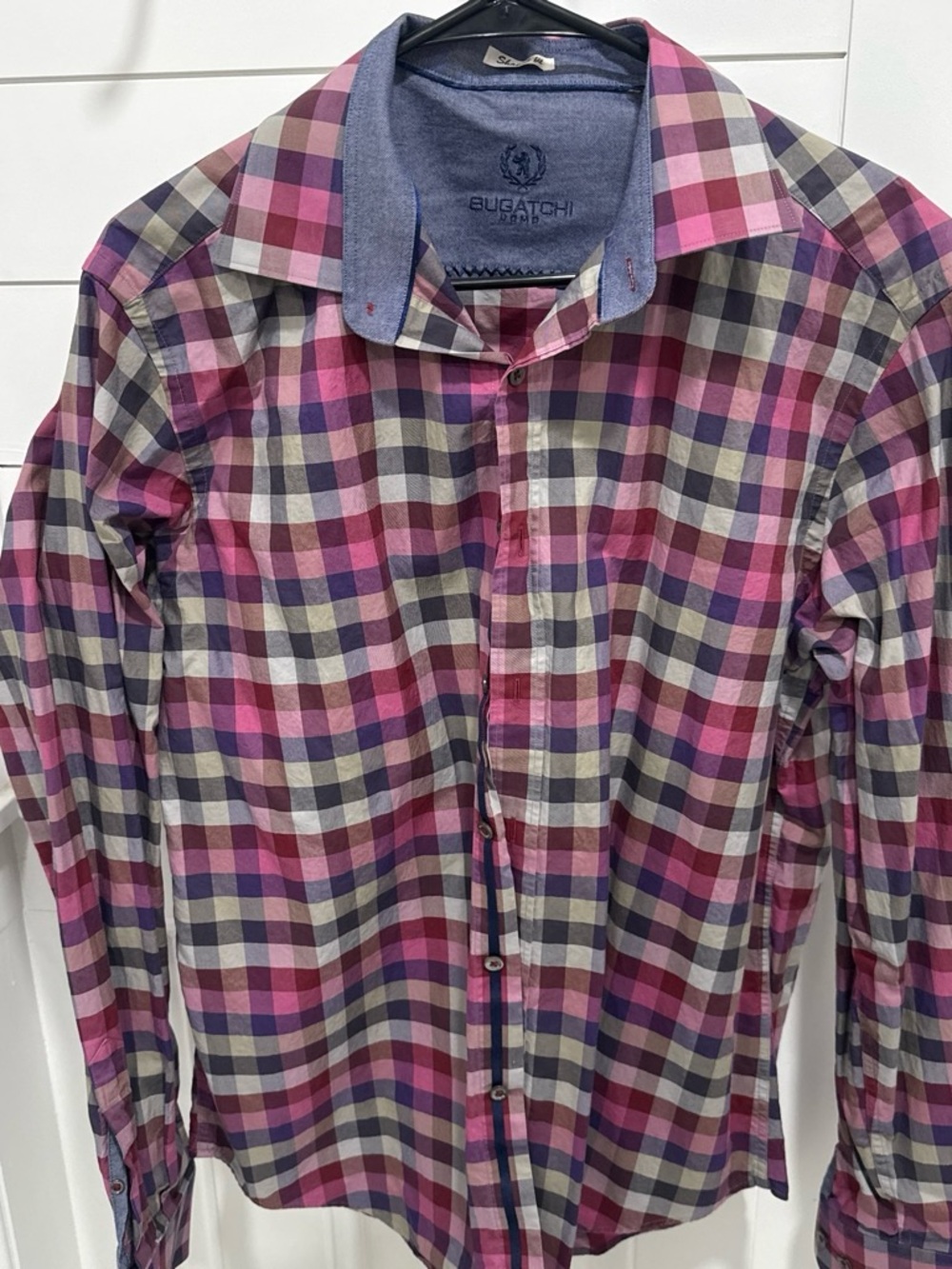 Bugatchi Men’s Pink and Navy Plaid Dress Shirt